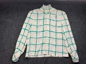 Starington Vintage 100% Silk Green/Cream Checkered Blouse w/Button-Cuff Sleeves